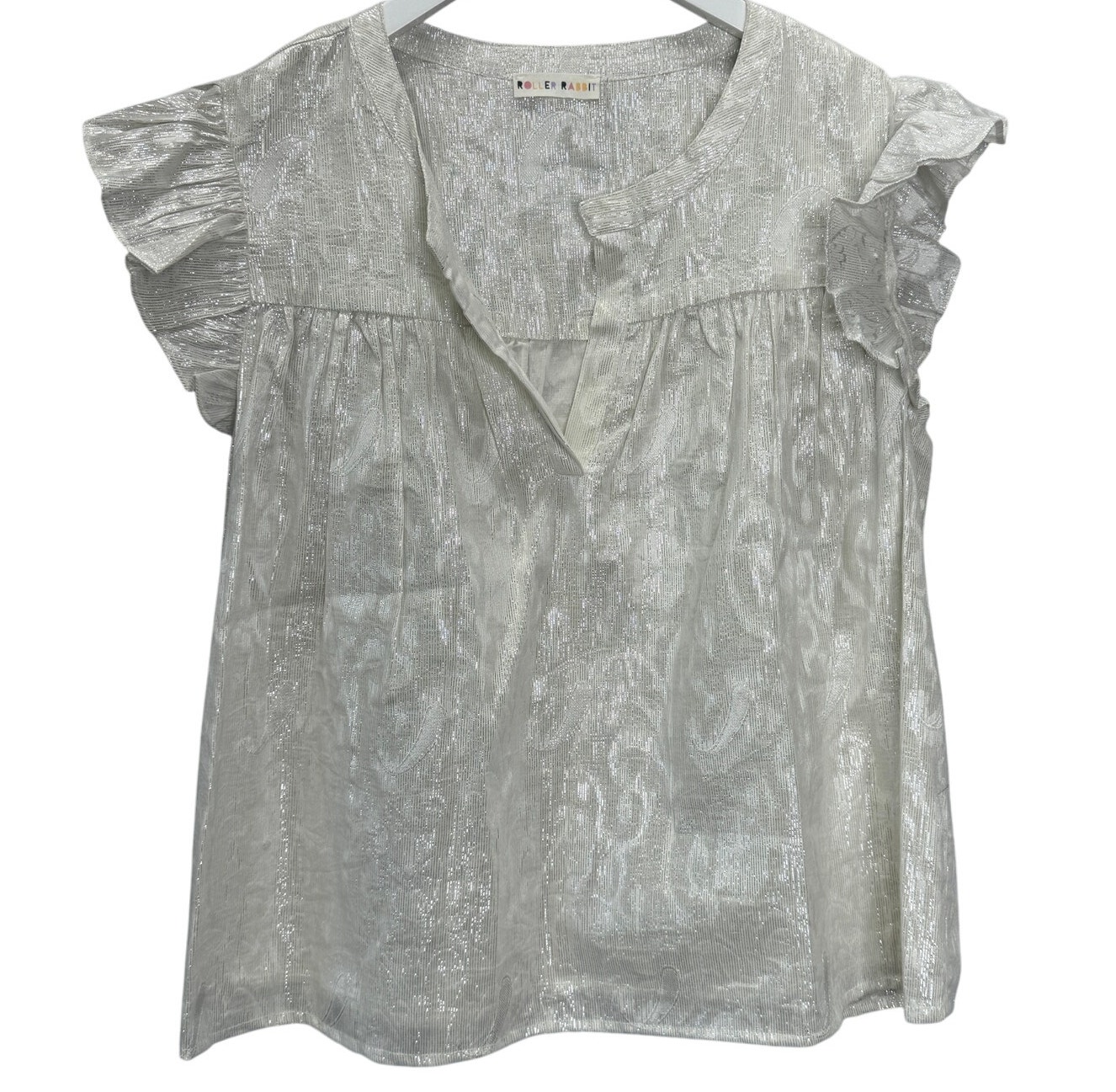 Roller Rabbit Womens Lurex Fil Coupe Etta Top Size L White Silver Metallic